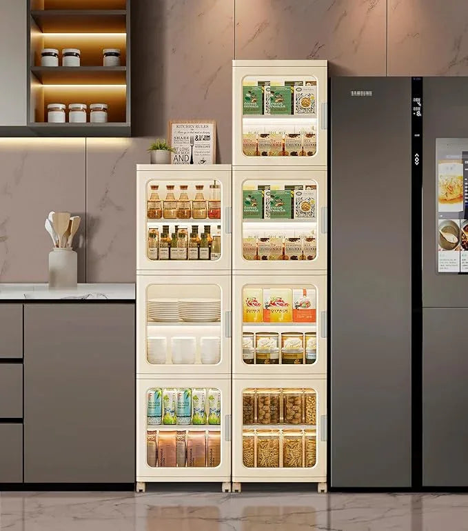 4-Tier Tall Narrow Bathroom Storage Cabinet with Doors and Adjustable Shelves Slim Foldable Cabinets with Wheels Small Spaces Plastic Organizers for Kitchen Laundry Room Bedroom Pantry,Beige - ModernBath