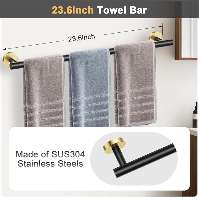 Black and Gold Bathroom Hardware Set, 5 Pieces Towel Bar Bathroom Accessories, Upgraded Toilet Paper Holder with Shelf Set, 23.6 Inch Towel Rack Towel Holder for Bathroom Wall - ModernBath