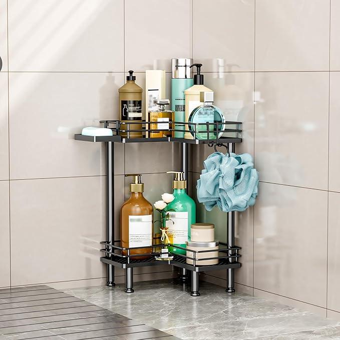 HapiRm Corner Shower Caddy Standing - 2 Tier Shower Organizer Corner with Soap Holder, Rustproof Bathroom Standing Organizer with 2 Hooks, Black - ModernBath