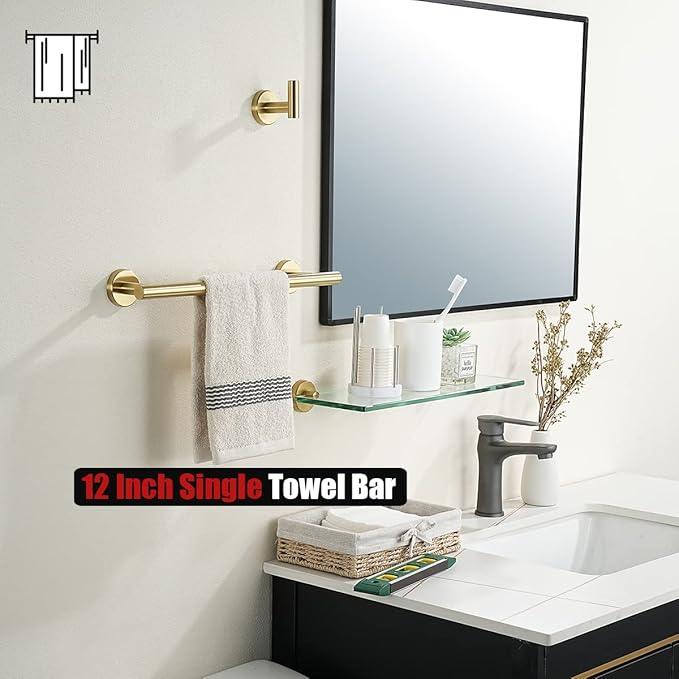 JQK Bathroom Towel Bar, 15 Inch 304 Stainless Steel Thicken 0.8mm Towel Rack, Towel Holder Brushed Gold Wall Mount, Useable Length 12 Inch TB110L12-BG - ModernBath