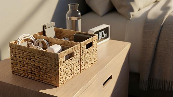 Water Hyacinth Storage Baskets Set of 2 - Medium Decorative Wicker Baskets for Organizing Shelves, Rectangular Woven Storage Bins with Handles for Pantry, Bathroom, Living Room 13"x9"x7" - ModernBath