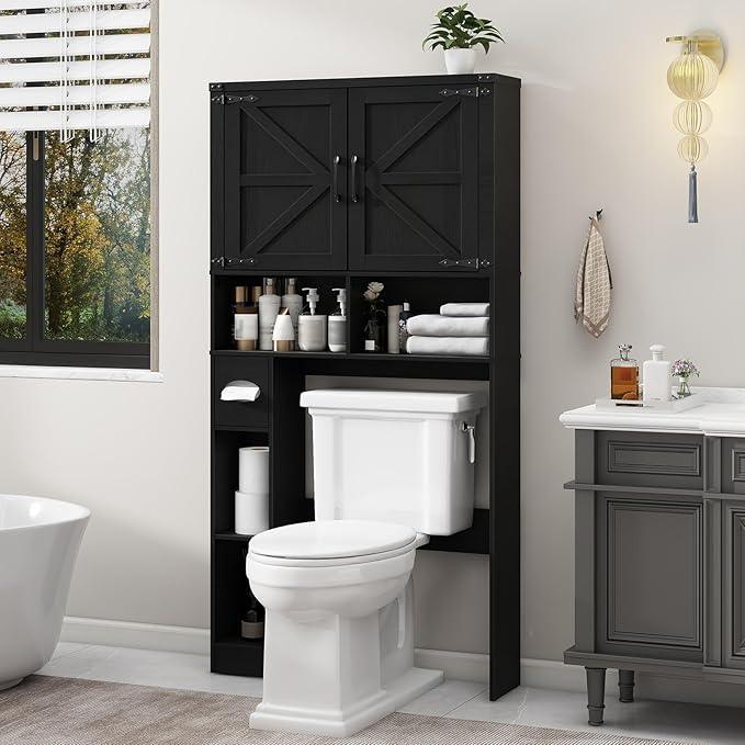 Vabches Over The Toilet Storage Cabinet, Farmhouse Storage Cabinet Over Toilet with 2 Barn Doors && Toilet Paper Holder Stand，Home Space-Saving Toilet Rack, for Laundry, Restroom, Bathroom.Pure Black - ModernBath