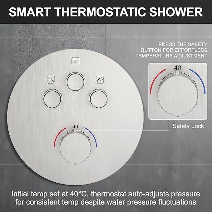 KOJOX Brushed Nickel Thermostatic Shower System, Push Button Diverter Shower Faucet Set with 12" Ceiling Mount Rain Shower, 8" Wall Mount Shower Head, and 3-in-1 Handheld Spray - ModernBath