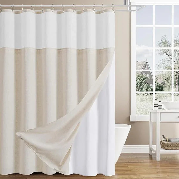 Naturoom Beige Linen Shower Curtain with Snap in Liner Set Rustic Farmhouse Shower Curtains for Bathroom 200GSM Textured Cream Burlap Cloth Double Bath Curtains with See Through Top Window 72x72 - ModernBath