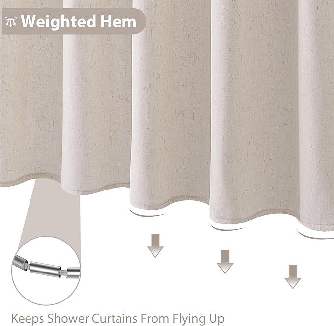 Jowels Oatmeal Linen Shower Curtain, Boho Farmhouse Shower Curtain Set for Bathroom, 200GSM Luxury Weighted Water Resistant Fabric Textured Shower Curtains with 12 Metal Hooks, 72Wx90H - ModernBath