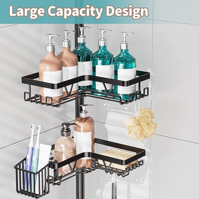 KEGII Shower Caddy Corner Tension Pole with Toothbrush Holder - Adjustable Corner Shower Organizer with Tooth Brush Holder, No Drilling Rustproof Bathroom Shelf Storage Rack, Fits 25-114.2 Inch - ModernBath