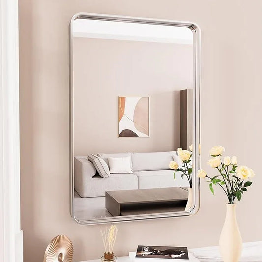 JISOSO Brushed Nickel Bathroom Mirror, 22x30 Inch Thick Silver Metal Rectangle Frame Wall Mirror, Modern Round Corner Bathroom Vanity Mirror for Over Sink, Bedroom, Living Room, Entryway - ModernBath