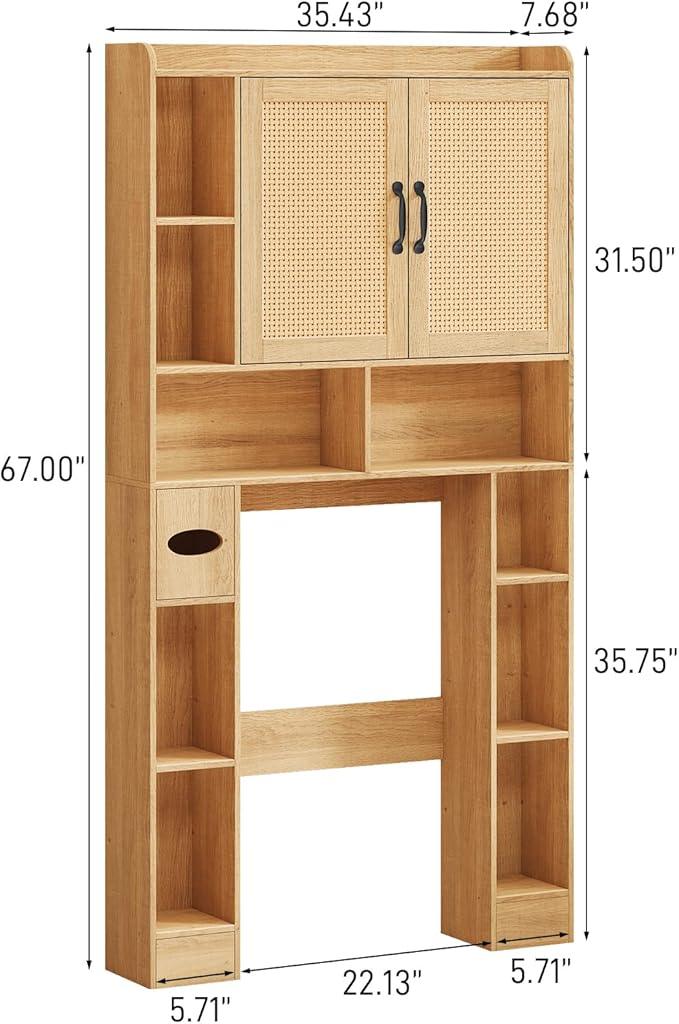 Vabches Farmhouse Style Rattan Over-The-Toilet Storage Cabinet with 2 Rattan Doors, Toilet Paper Holder - Space-Saving Oak Bathroom Organizer. - ModernBath