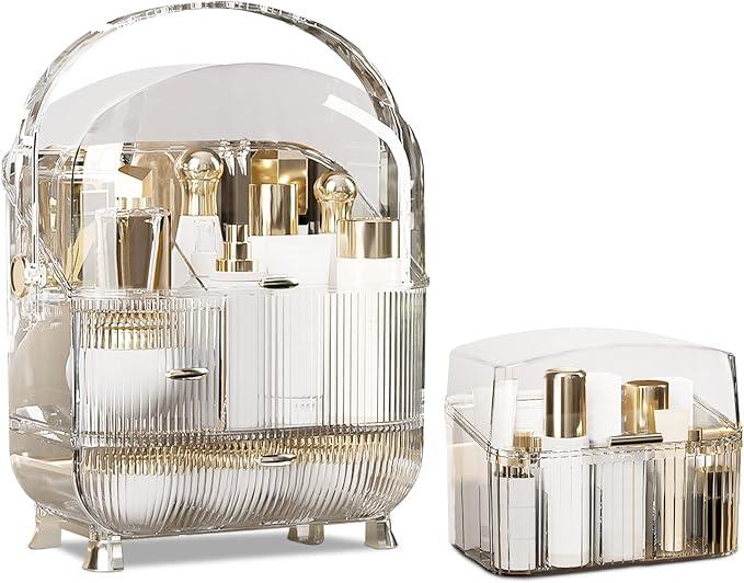 Ergocar Galatée Portable Retro Series Multi-Function Make Up Case Dustproof Cosmetic Storage Box,Cosmetics Skin Care Products Jewelry Organizer Finishing Box - High Transparency + Lipstick - ModernBath