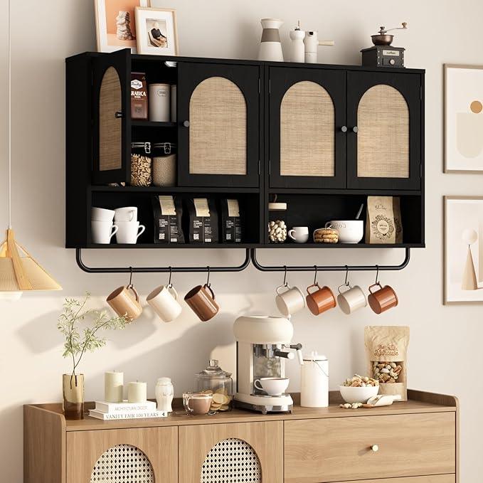 RUSTOWN Rattan Bathroom Wall Cabinet, Boho Medicine Cabinet with 2 Arched Doors, Farmhouse Over The Toilet Storage Cabinets with Adjustable Shelves & Towel Bar - ModernBath