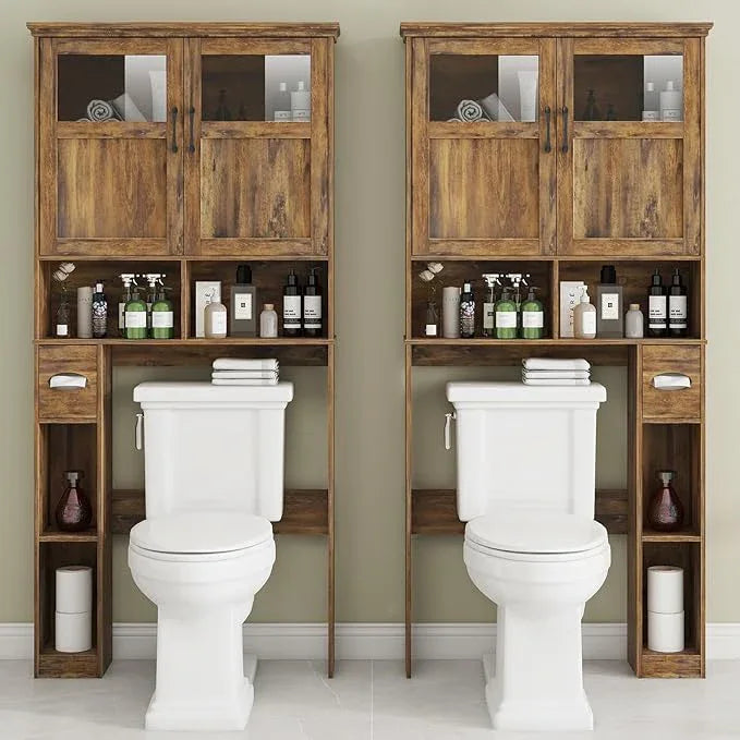 Vabches Over The Toilet Storage Cabinet With Double Doors & Paper Holder Stand, Freestanding Shelf Space Saver With Anti-Tip Design & Adjustable Shelf, Brown - ModernBath