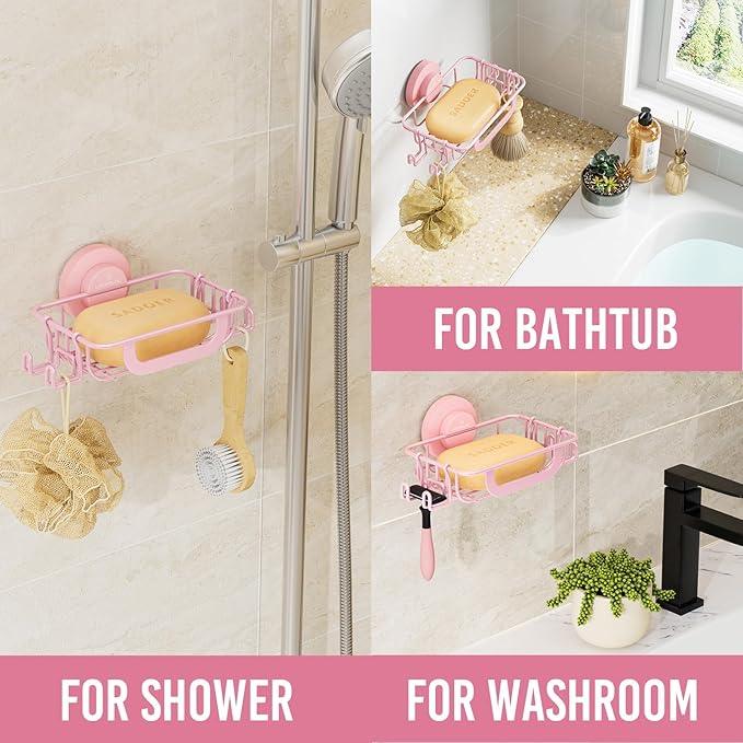 LEVERLOC Soap Holder Dish with Hooks for Shower, Bar Suction Cup Soap Tray Wall Mounted, Rustproof Stainless Steel Sponge Holder Caddy for Bathroom Bathtub Kitchen Sink, Pink - ModernBath
