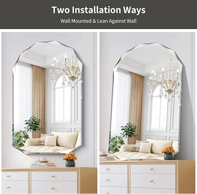 KOCUUY 30"x48" Frameless Mirror, Arched Shape with Diamond-Shaped Beveled Edge,Unframed Decorative with Upgraded Shatterproof Glass,Unique Frameless Mirror for Bathroom,Living Room,Bedroom - ModernBath