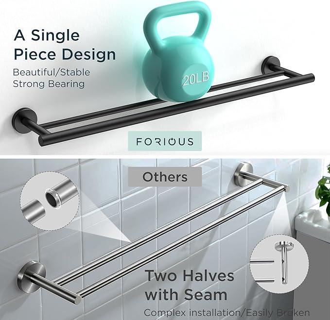 FORIOUS Black Double Towel Bar, 24 Inch Double Towel Racks for Bathroom, Heavy Duty SUS304 Stainless Steel Towel Holder Rail Wall Mount, Includes Wall Mounting Hardware, Matte Black - ModernBath