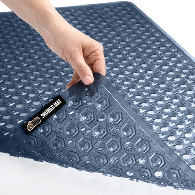 GORILLA GRIP Patented Bath Tub Shower Mat, Machine Washable Bathtub Floor Liner Mats, Suction Cups and Drain Holes to Keep Tubs Clean, Soft on Feet, Bathroom Essentials, 35x16 Inch, Clear Navy - ModernBath