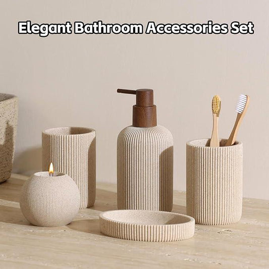 WUUAHOME Bathroom Accessories Set, 5 PCS Sandstone Look Stripe Modern Bath Organizer with Soap Dispenser, Toothbrush Holder, Tumbler, Soap Dish, Candle Holder for Countertop Kitchen Sink (Beige) - ModernBath