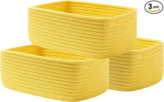 Small Woven Basket, 12 x 8 x 4.5 Inches, Storage Basket for Organizing, Cute Small Rope Shelf Closet Cube Storage Bins Baskets for Shelves, Dog Toy Gift Baskets Empty, 3 Pack Yellow - ModernBath