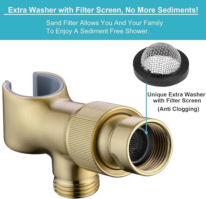Shower Head Holder All Metal Adjustable Handheld Shower Arm Mount, 1/2" Shower Hose Holder Fits Most Hand Showerheads, Brass Hand Held Shower Head Holder , Easy to Install(Brushed Gold) - ModernBath
