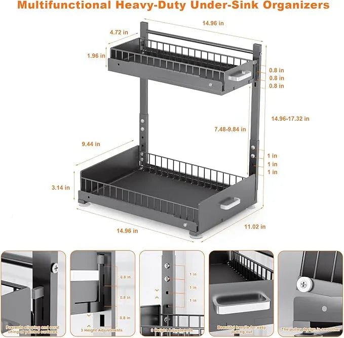 Under Sink Organizer,2 Tier Slide Out Kitchen Cabinet Organizers with Pulley,Under Bathroom Sink Pull Out Organizer with Multiple Height Adjustments for Kitchen and Bathroom Cabinets (Gray) - ModernBath