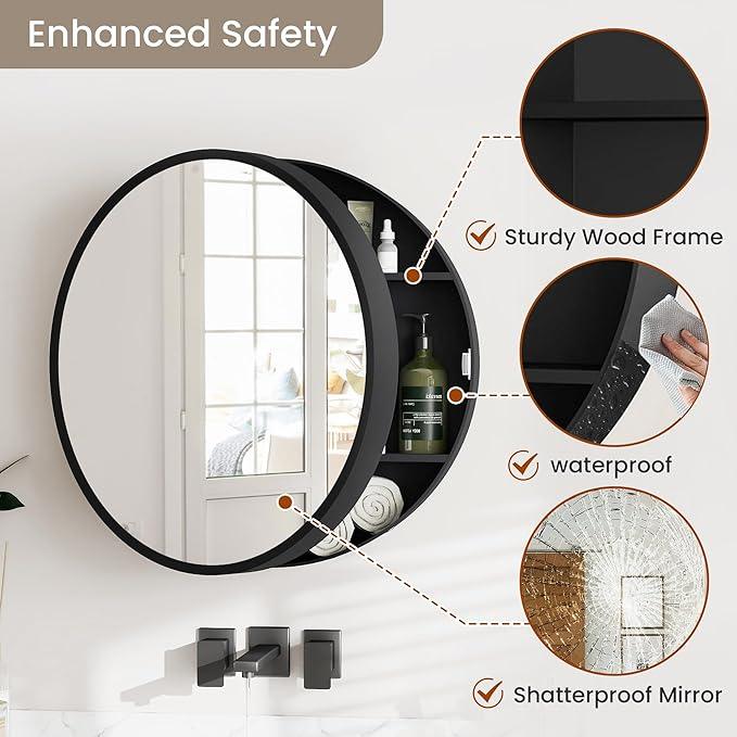 SUNWAVE 20 Inch Round Black Medicine Cabinet with Mirror, Modern Wall Mounted Vanity Cabinet for Bathroom, Circle Bathroom Mirror with Storage, Space-Saving Wood Cabinet (Black, 20 Inch) - ModernBath