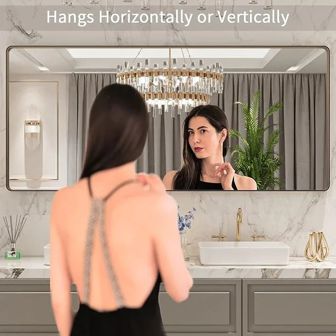 LOAAO 72”X32” Bronze Bathroom Mirrors for Vanity, Rounded Rectangle Brushed Bronze Metal Frame Mirror, Anti-Rust, Tempered Glass, Hangs Horizontally or Vertically - ModernBath