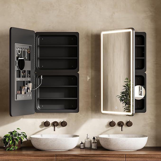 20x36 Inch LED Lighted Medicine Cabinet with Mirror for Bathroom, Wall Mounted or Recessed Mirror Cabinet with 3X Magnifying Mirror, Adjustable Storage Shelves, Modern Design - ModernBath