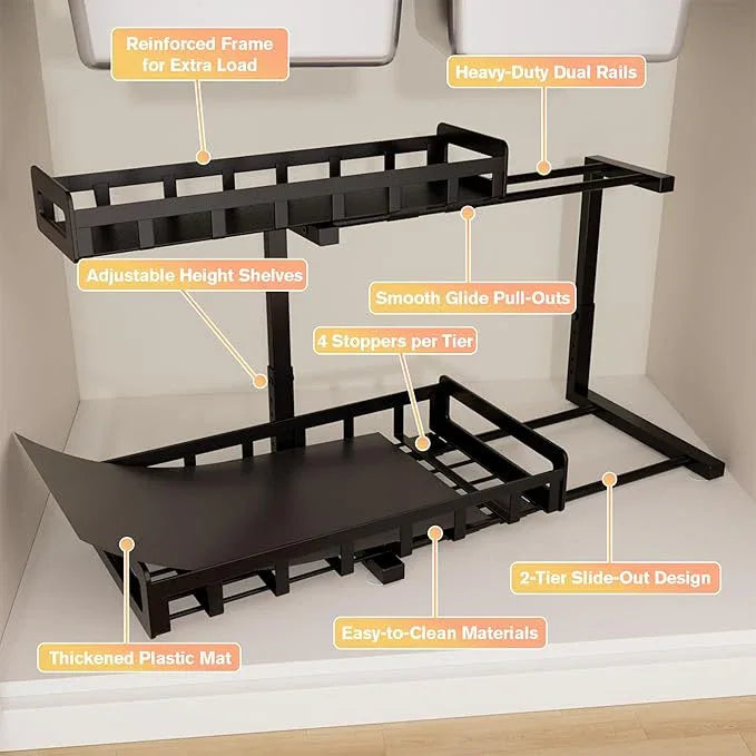 Under Sink Organizer 2 Pack, Metal Large Capacity 2-Tier Sliding Cabinet Storage Rack, Heavy-Duty Rust-Resistant Steel Frame, Holds 50 lbs Each, Adjustable Height 12–16", 14"D x 11"W for Home, Black - ModernBath