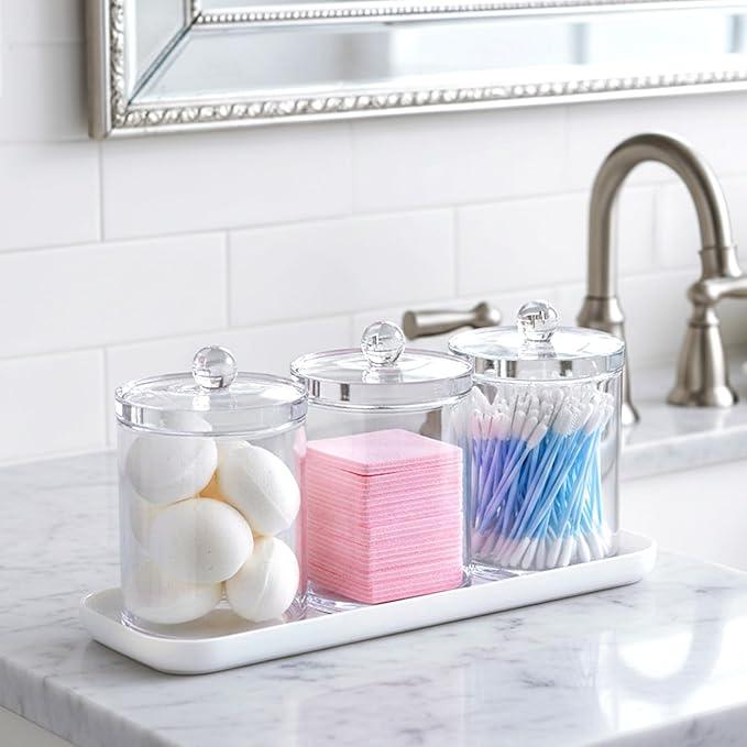 Amazing Abby - Catalina - Clear Acrylic Bathroom Canister with White Tray (4-Piece Set), Plastic Apothecary Jars with Lids, Bathroom Organizers for Q-tips, Cotton Balls, Floss Picks, Sponges, and More - ModernBath