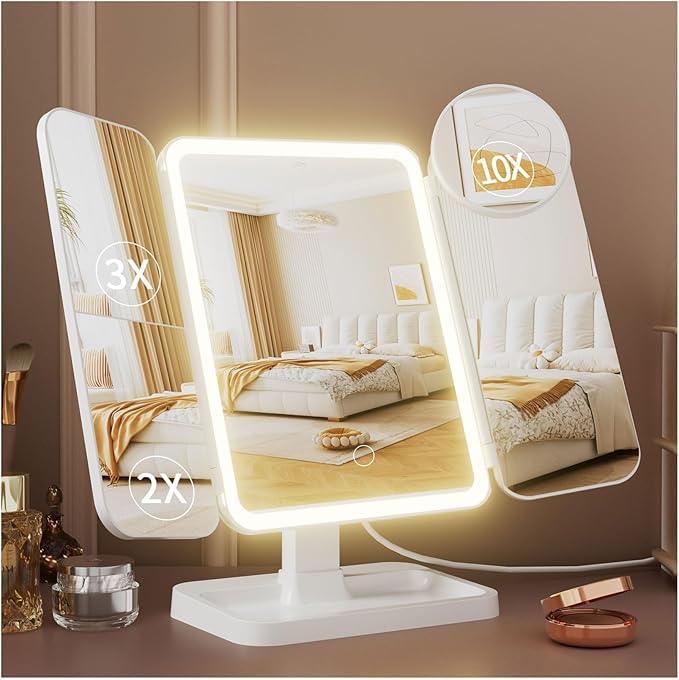 Makeup Mirror with Lights, Rechargeable Lighted Vanity Mirror with 70 Led Lights and 2X 3X 10X Magnification, 3 Color& Adjustable Brightness, Portable Mirror for Travel Desk, Gifts for Women Girls - ModernBath