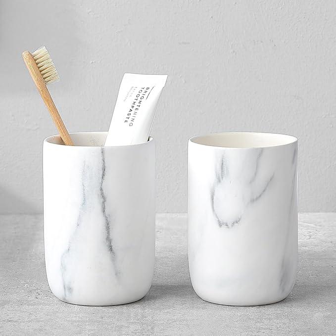 Marble Toothbrush Holders - 2 Ceramic Toothbrush Holders for Bathrooms Toothbrush Toothpaste Holders Set, White Bathroom Tumbler Cups Reusable Toothbrush Mouthwash Cup, Bathroom Counter Organizer. - ModernBath