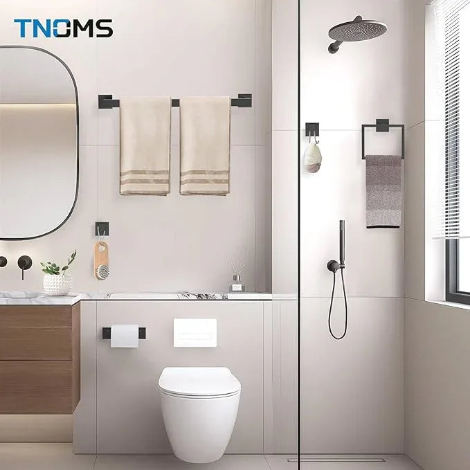 TNOMS Matte Black Towel Bar Set 5-Piece Bathroom Hardware Accessories Set,23.6 Inch Modern Towel Holder Set SUS304 Stainless Steel Towel Rack Set for Bathroom,Wall-Mounted - ModernBath
