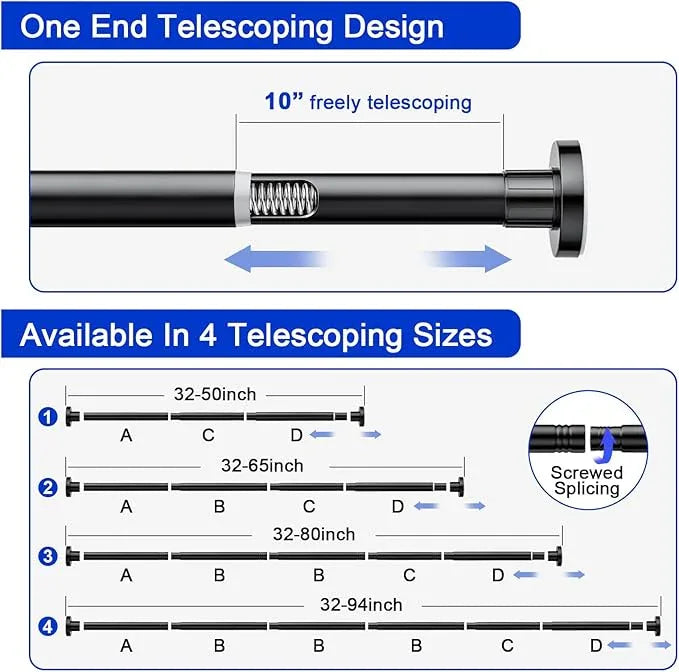 Ausemku Shower Curtain Rod 32-50 Inch Adjustable - 1 Inch Diameter Heavy Duty No drill Spring Tension Shower Rod, Non-Slip Rustproof Telescopic Rod for Bathroom, Black - ModernBath