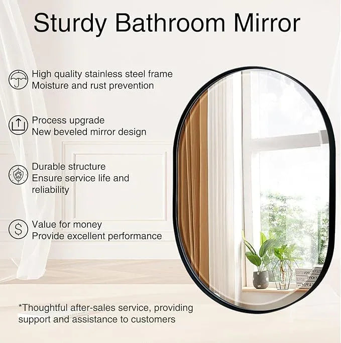 POZINO Oval Beveled Mirror, 24"x36" Bathroom Mirror for Over Sink, Rounded Rectangle Mirrors, Modern Oblong Vanity Wall Mirrors in Premium Stainless Steel Frame Hangs Horizontal Or Vertical - ModernBath