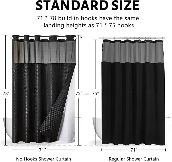 Furlinic No Hook Hotel Shower Curtain with Detachable Liner,Heavy Duty Waffle Weave Textured Fabric Bathroom Curtain with See Through Window,Waterproof & Machine Washable,Black,71x78 Inch - ModernBath