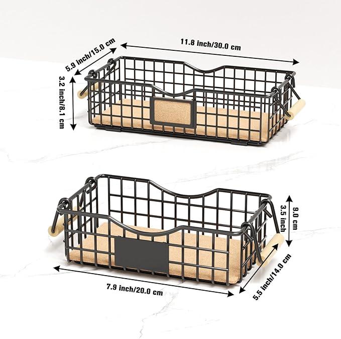 Bathroom Tray and Organizer Basket, 2 Pack Storage Baskets with Wooden Handles, Multipurpose for Bathroom, Coffee Bar, Kitchen cabinet, Living Room - Black - ModernBath