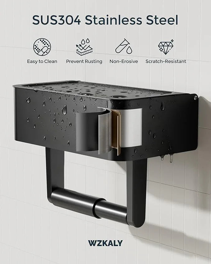 Toilet Paper Holder with Shelf - Flushable Wipes Dispenser & Storage Fits Any Bathroom, Keep Your Wet Wipes Hidden - Stainless Steel Wall Mount Bathroom Organizer -（Matte Black, Regular roll） - ModernBath