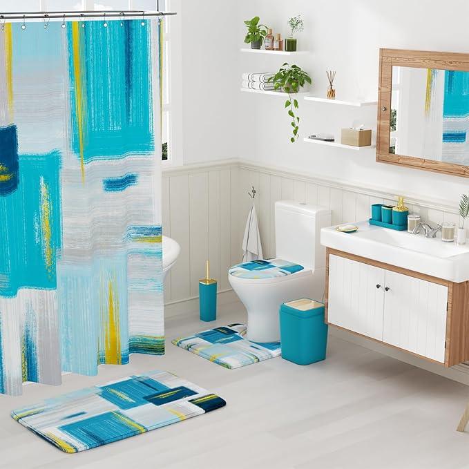 XLHOMO Bathroom Set - Teal Blue Bathroom Accessories Set, Bathroom Sets with Shower Curtain and Rugs, Teal Blue Shower Curtain Set with Bathroom Trash Can, Soap Dispenser, Soap Dish for Home Decor - ModernBath