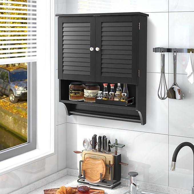 Giantex Bathroom Cabinet Wall Mounted - Hanging Medicine Cabinet with 2 Louvered Doors, 3-Position Adjustable Shelf, Towel Bar, Over The Toilet Space Saver (Black) - ModernBath