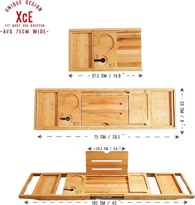 XcE Foldable Bamboo Bathtub Caddy Tray - Expandable to 41 Inches with Non-Slip Pads & Book Stand for Couples Luxury Bath - ModernBath