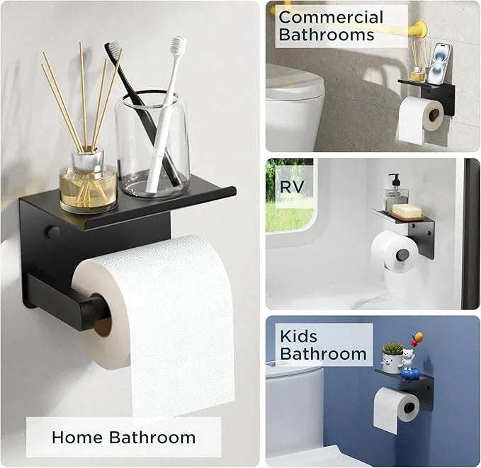 FORIOUS Toilet Paper Holder with Shelf, Adhesive or Screw Wall Mount Toilet Paper Roll Holder for Bathroom, SUS 304 Stainless Steel Commercial Toilet Tissue Holder with Storage Dispenser, Matte Black - ModernBath