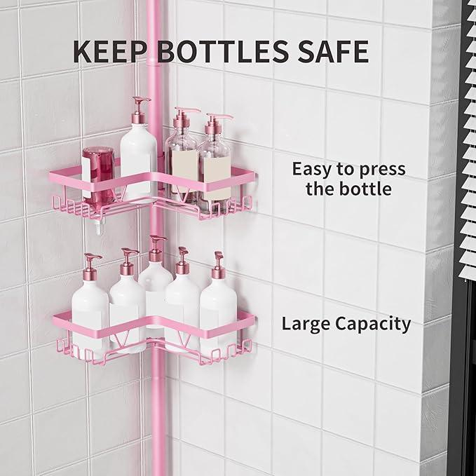 KEGII Shower Caddy Tension Pole, 4-Tier Rustproof Adjustable Corner Bathroom Organizer for Renters, 25–114.2 Inch No Drill Space-Saving Shower Storage Rack, Pink - ModernBath
