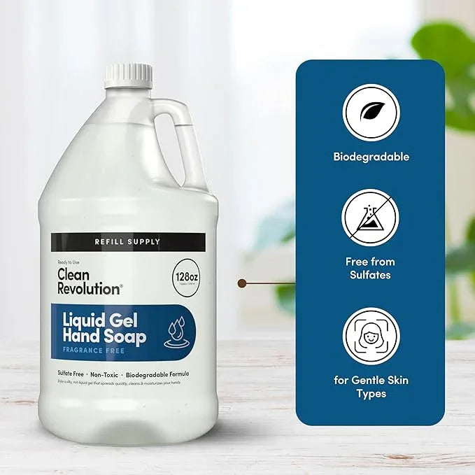 Clean Revolution Liquid Gel Hand Soap, Silky Rich Liquid, Quick Lather, Fast Rinsing, (Fragrance Free) 128 Fl Oz - ModernBath