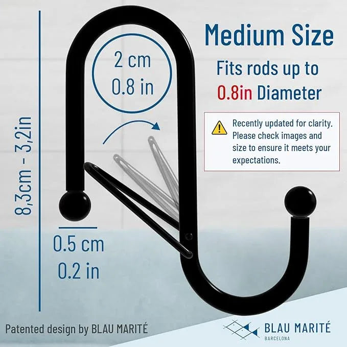 Blau Marité 10-Pack Metal S Hooks for Hanging – Heavy-Duty S-Shaped Hook with Safety Buckle – Fits Bars up to 0.8 in – Anti-Drop S-Hooks for Kitchen, Bathroom, Closet & Pot Racks – Black (Medium) - ModernBath