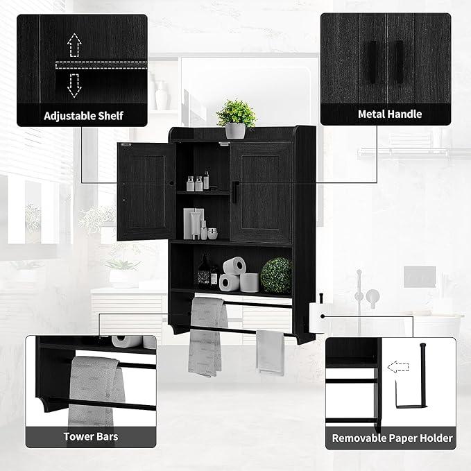 Bathroom Wall Cabinet, Wooden Medicine Cabinet Over the Toilet with Adjustable Inner Shelf, Wall Mounted Cabinet with Doors for Bathroom Storage, Hanging Cabinet for Wall with Towels Bar (Black) - ModernBath