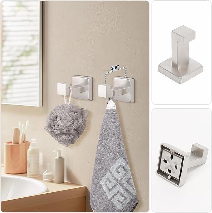 NearMoon 5 Pieces Bathroom Hardware Set 304 Stainless Steel, Square Towel Rack Kit - 24" Towel Rod + Towel Ring + Toilet Paper Holder + 2 Robe Hooks, Wall Mounted Bath Accessories (Brushed Nickel) - ModernBath