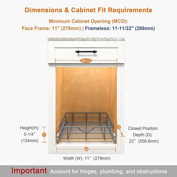 ALINE FURNITURE Pull Out Shelves - 11" W x 22" D Soft Close Pull Out Cabinet Organizer 1 Tier - Slide Out Drawers with Shelf Liner, Heavy Duty Steel Wire Baskets for Kitchen Cabinets, Pantry, Bathroom - ModernBath