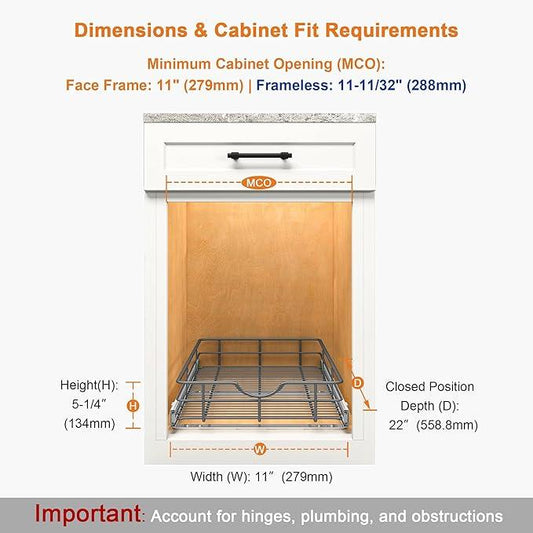 ALINE FURNITURE Pull Out Shelves - 11" W x 22" D Soft Close Pull Out Cabinet Organizer 1 Tier - Slide Out Drawers with Shelf Liner, Heavy Duty Steel Wire Baskets for Kitchen Cabinets, Pantry, Bathroom - ModernBath