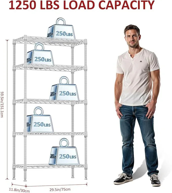 IZEUK 5 Tier White Metal Storage Shelves, Heavy Duty Wire Shelving Rack for Garage, Kitchen, Bathroom, Laundry, or Closet Organization, 1250 lbs Capacity, 11.8" D x 29.5" W x 59.5" H - ModernBath