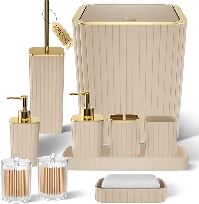 XLHOMO Bathroom Accessories Set - Gorgeous Bathroom Set, 10PC Beige Bathroom Accessory Set, Toilet Brush, Trash Can & Soap Dispenser - ModernBath