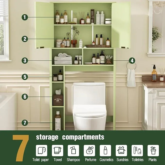 31" W Over The Toilet Storage Cabinet with Fluted Door, Green Bathroom Organizer with Adjustable Shelf, 67''H Tall Natural Toilet Paper Holder Stand Wave Door for Restroom, Laundry Room - ModernBath